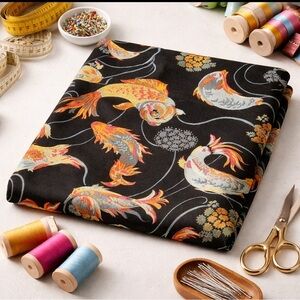 3 Fabric Remnants Brocade Koi Fish Black against Vibrant Colors See Measurements